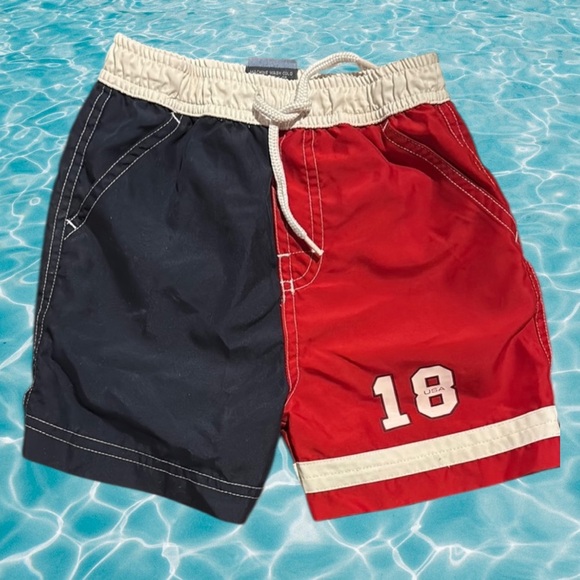 CHILDRENS PLACE BOYS RED BLUE BATHING SWIM SUIT SUMMER POOL SHORTS SZ 12 MONTHS - Picture 1 of 4